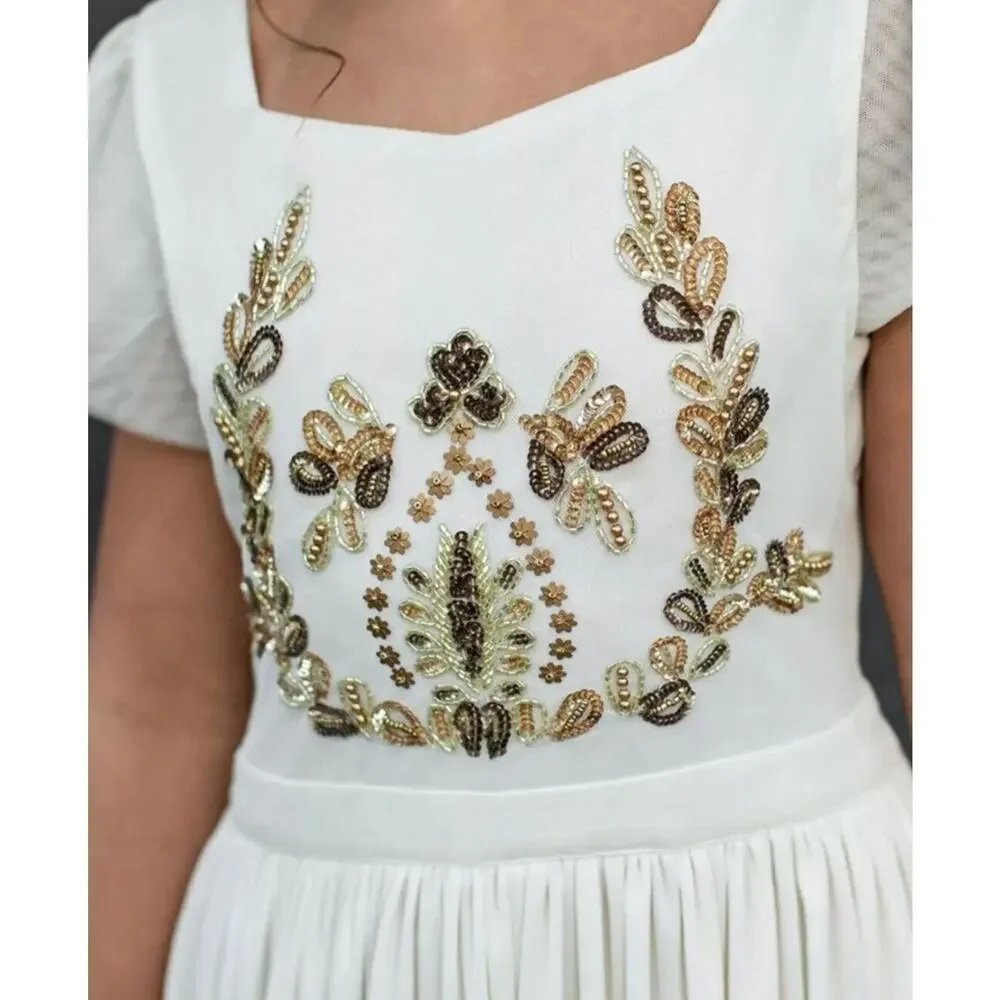 Mia Joy Girls Ivory Maxi Dress With Gold Embellished Bodice Flutter Sleeves & Fl - Picture 12 of 16